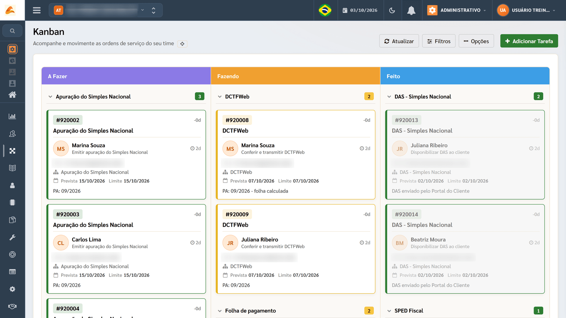 Kanban do Athenas Online com as colunas A fazer, Fazendo e Feito
