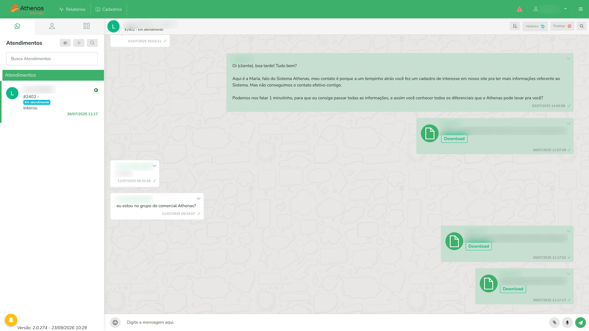 Athenas Messenger com um atendimento em andamento e documentos trocados na conversa