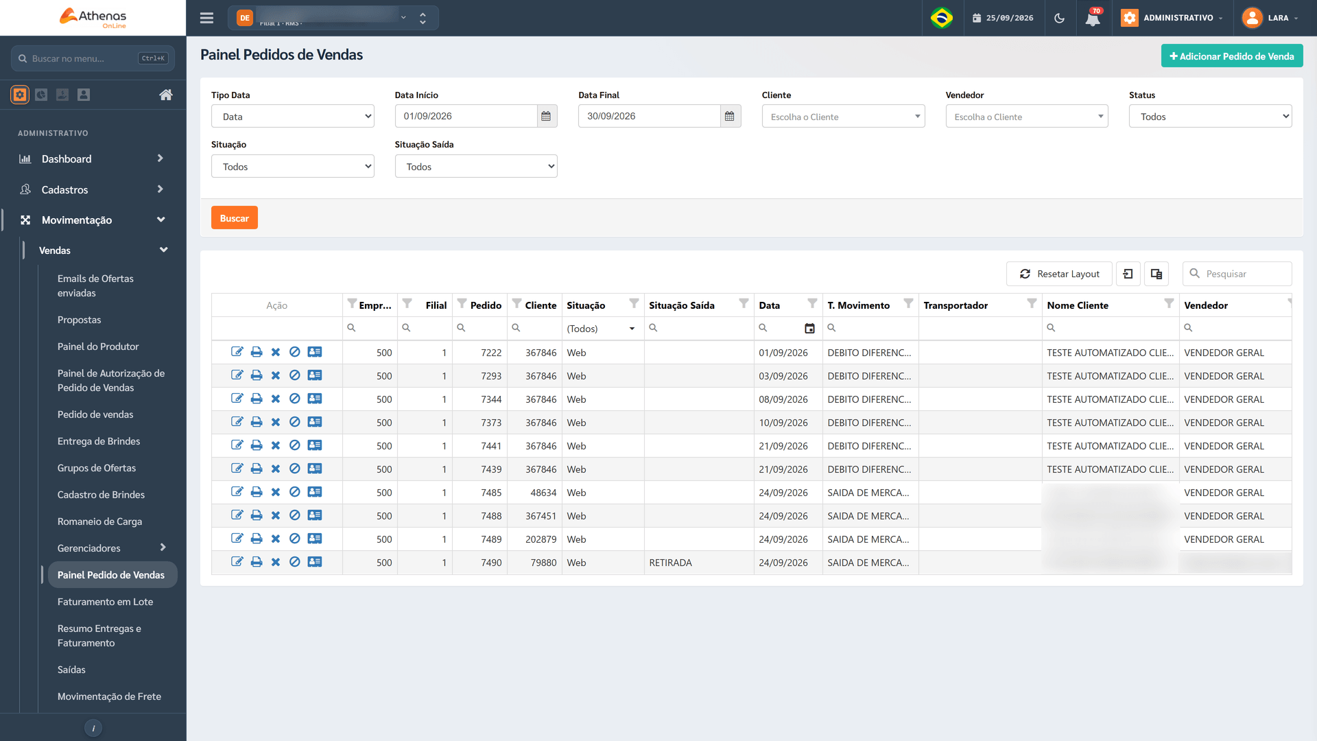 Painel de pedidos de venda do ERP Athenas Online, com filtros por período, cliente, vendedor e situação